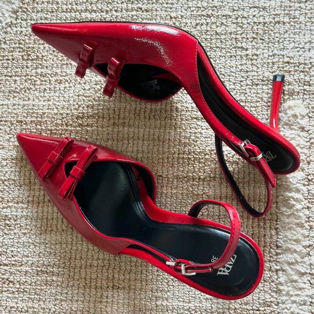 Zara Red Bow Slingback Heels Pointed Toe NWT - Picture 5 of 16